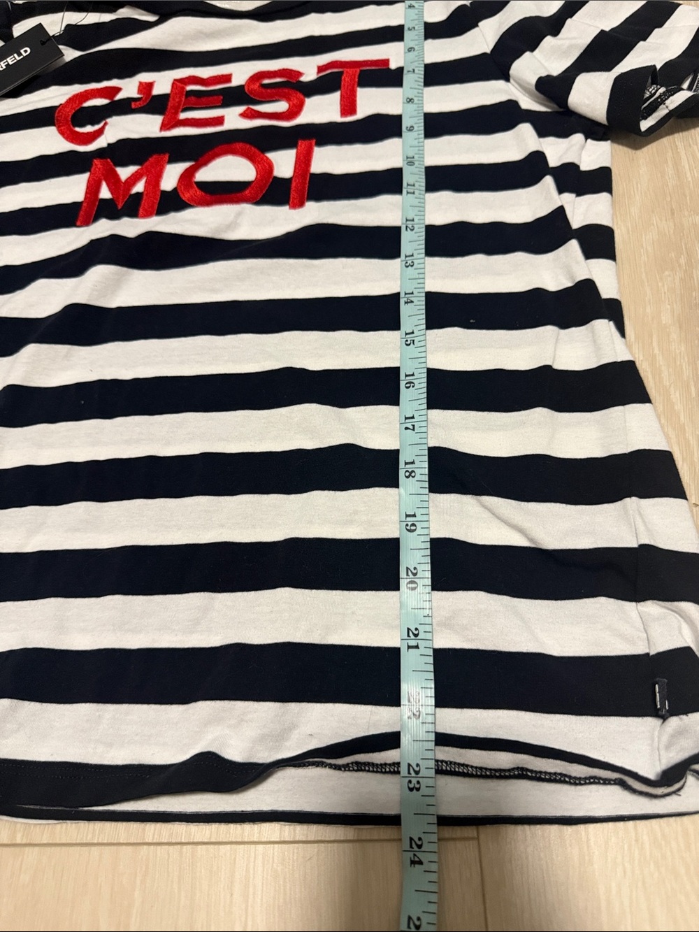 Karl Lagerfeld C’est Moi Black & White Striped Short Sleeve Tee with Red Graphic - Picture 7 of 8